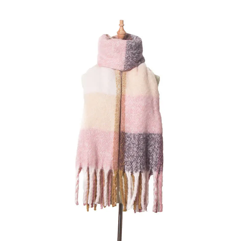 Unisex Oversized Color Block Tassels Roving Scarf