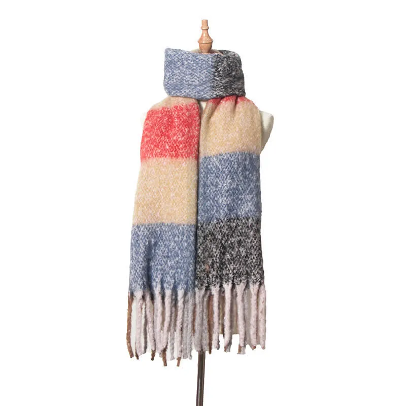 Unisex Oversized Color Block Tassels Roving Scarf