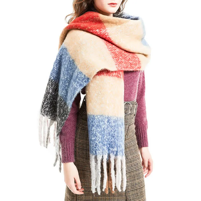 Unisex Oversized Color Block Tassels Roving Scarf