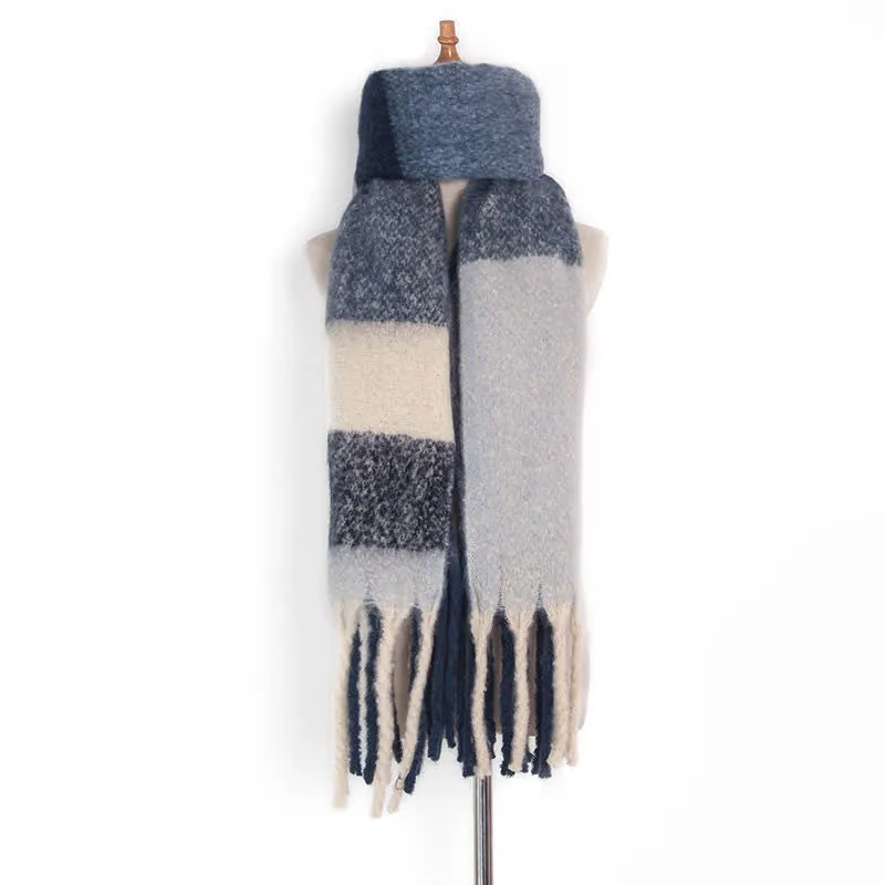 Unisex Oversized Color Block Tassels Roving Scarf