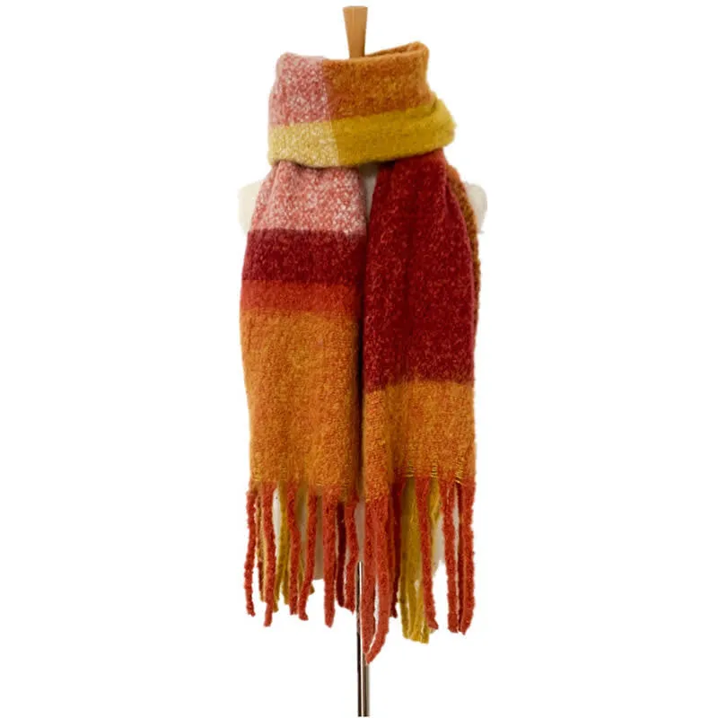 Unisex Oversized Color Block Tassels Roving Scarf