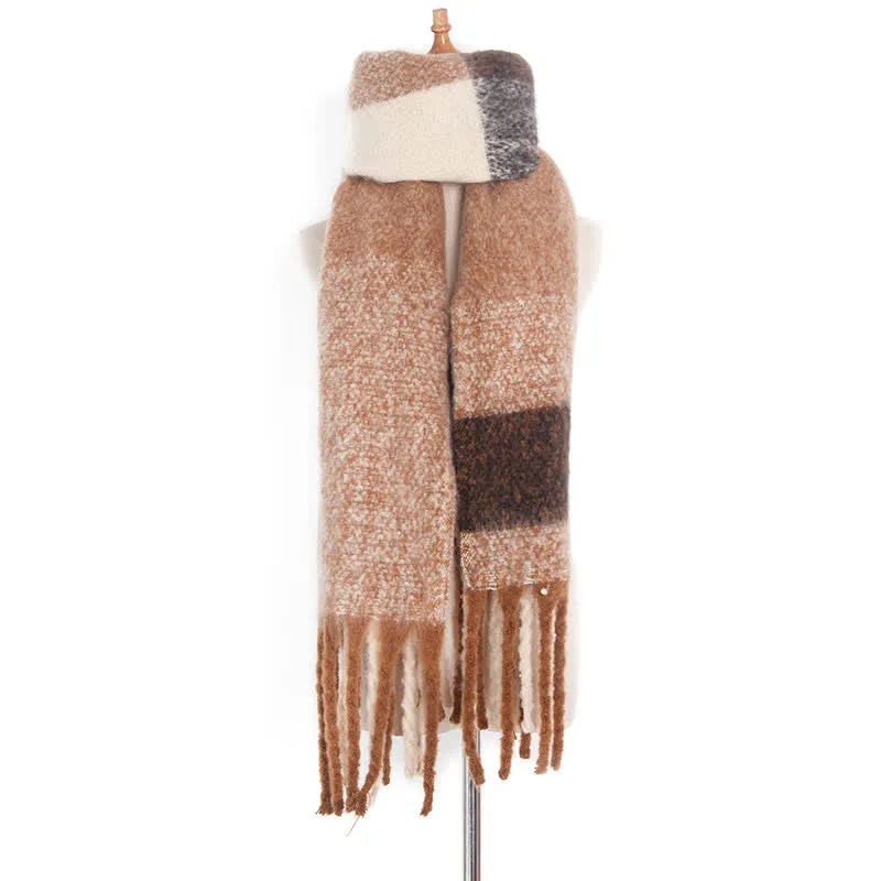 Unisex Oversized Color Block Tassels Roving Scarf