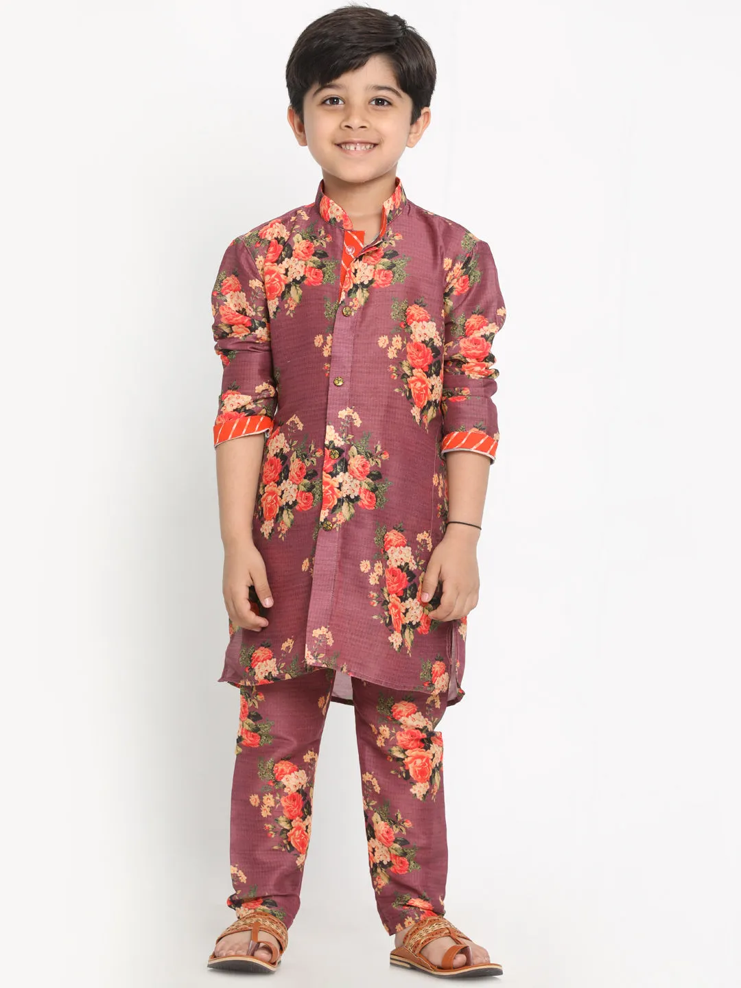 Vastramay Boy's Green Twill Jacket, Printed Kurta and Pyjama Set