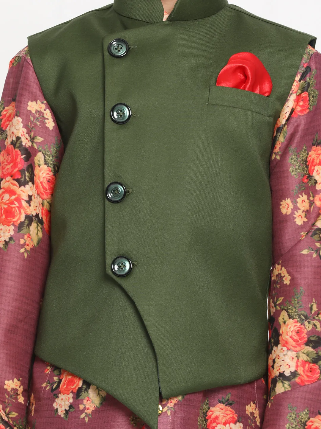 Vastramay Boy's Green Twill Jacket, Printed Kurta and Pyjama Set