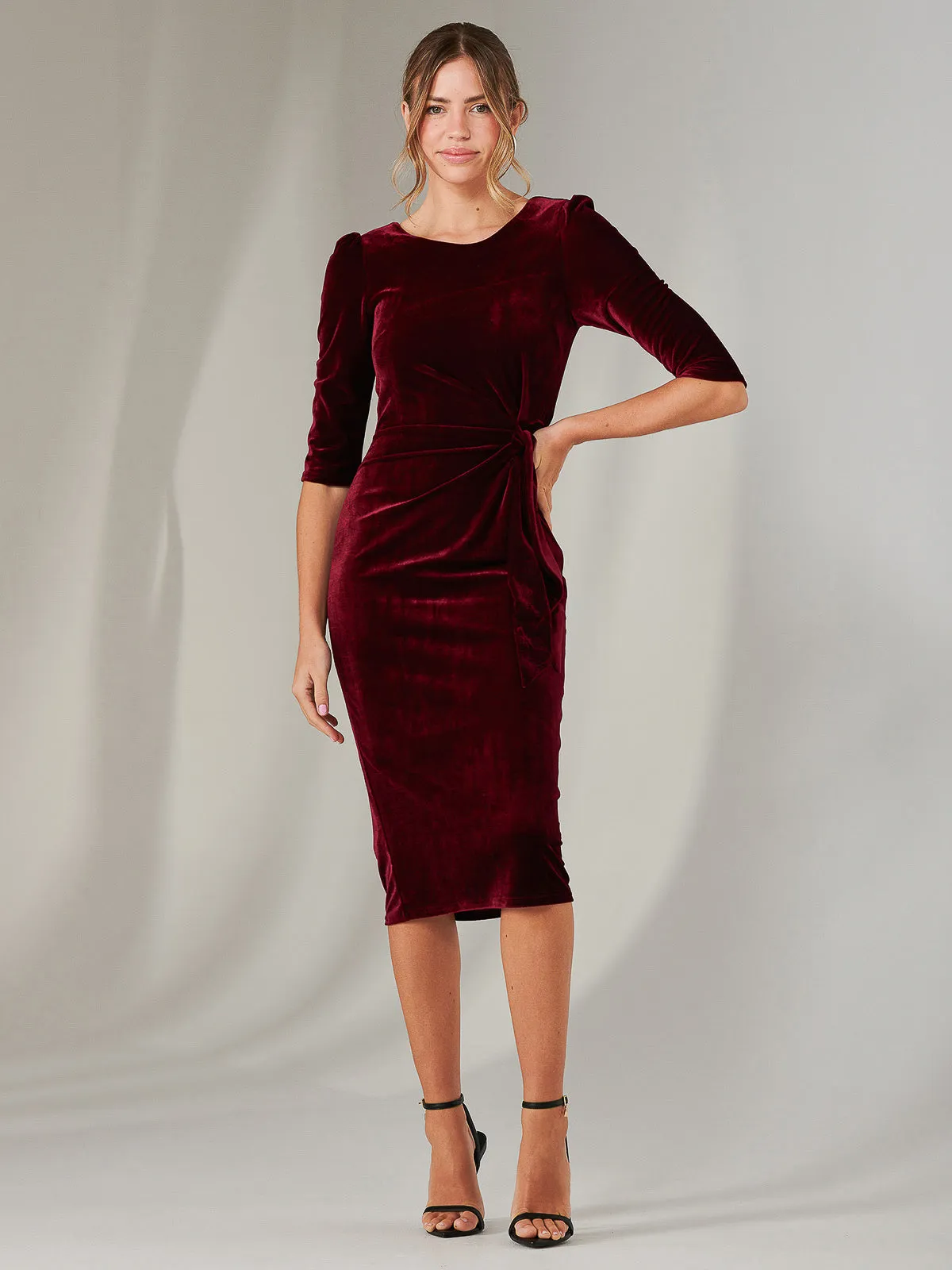 Velvet Side Tie Midi Dress, Burgundy