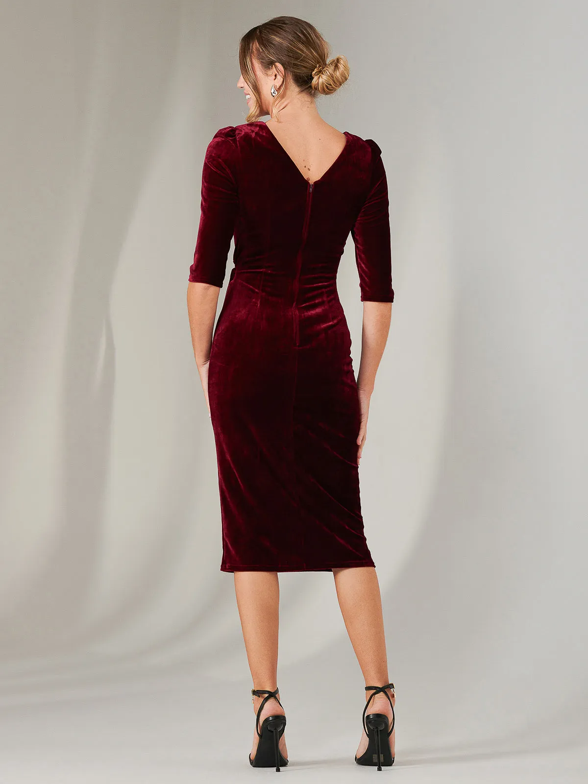 Velvet Side Tie Midi Dress, Burgundy