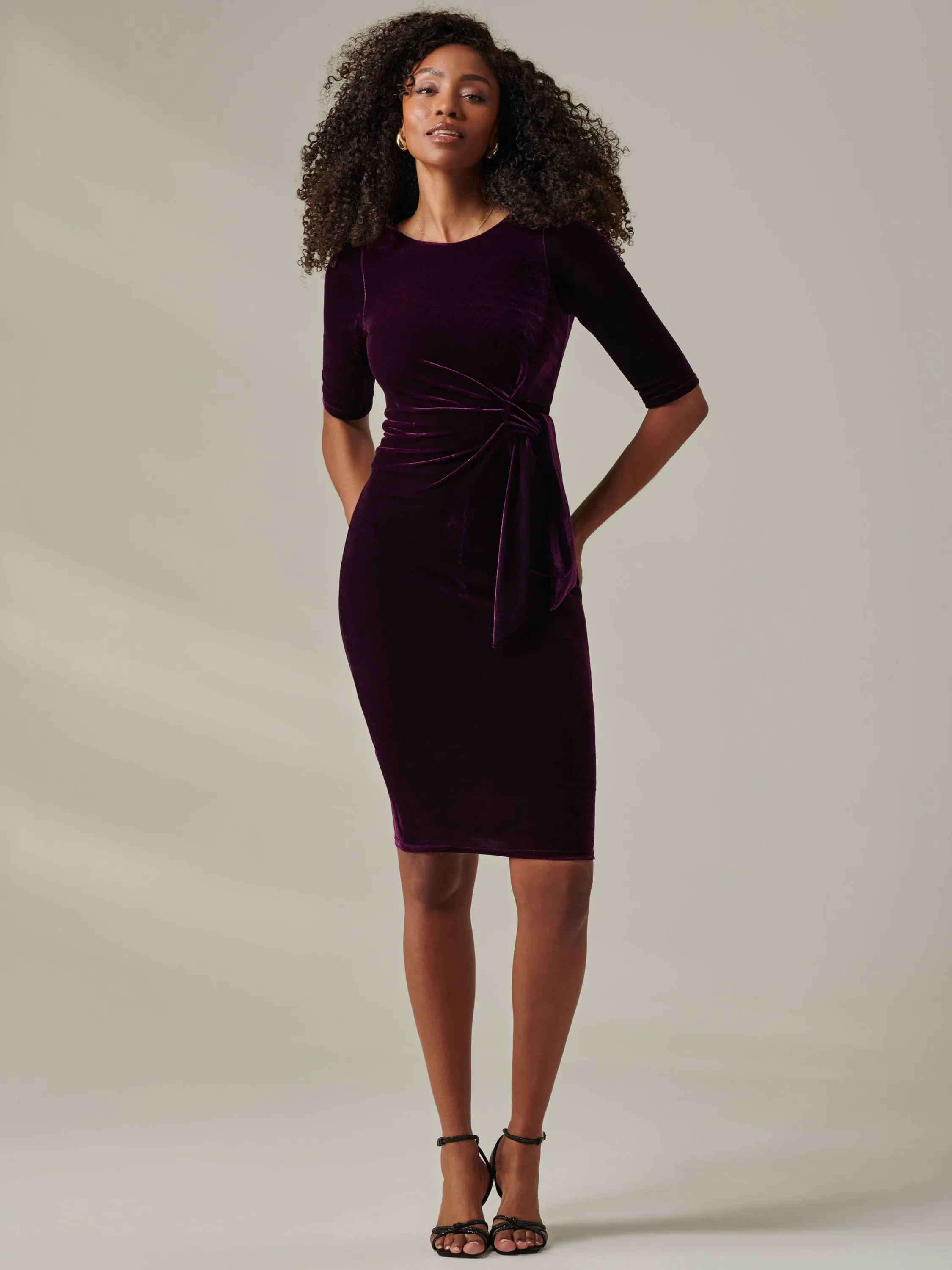 Velvet Side Tie Midi Dress, Dark Purple