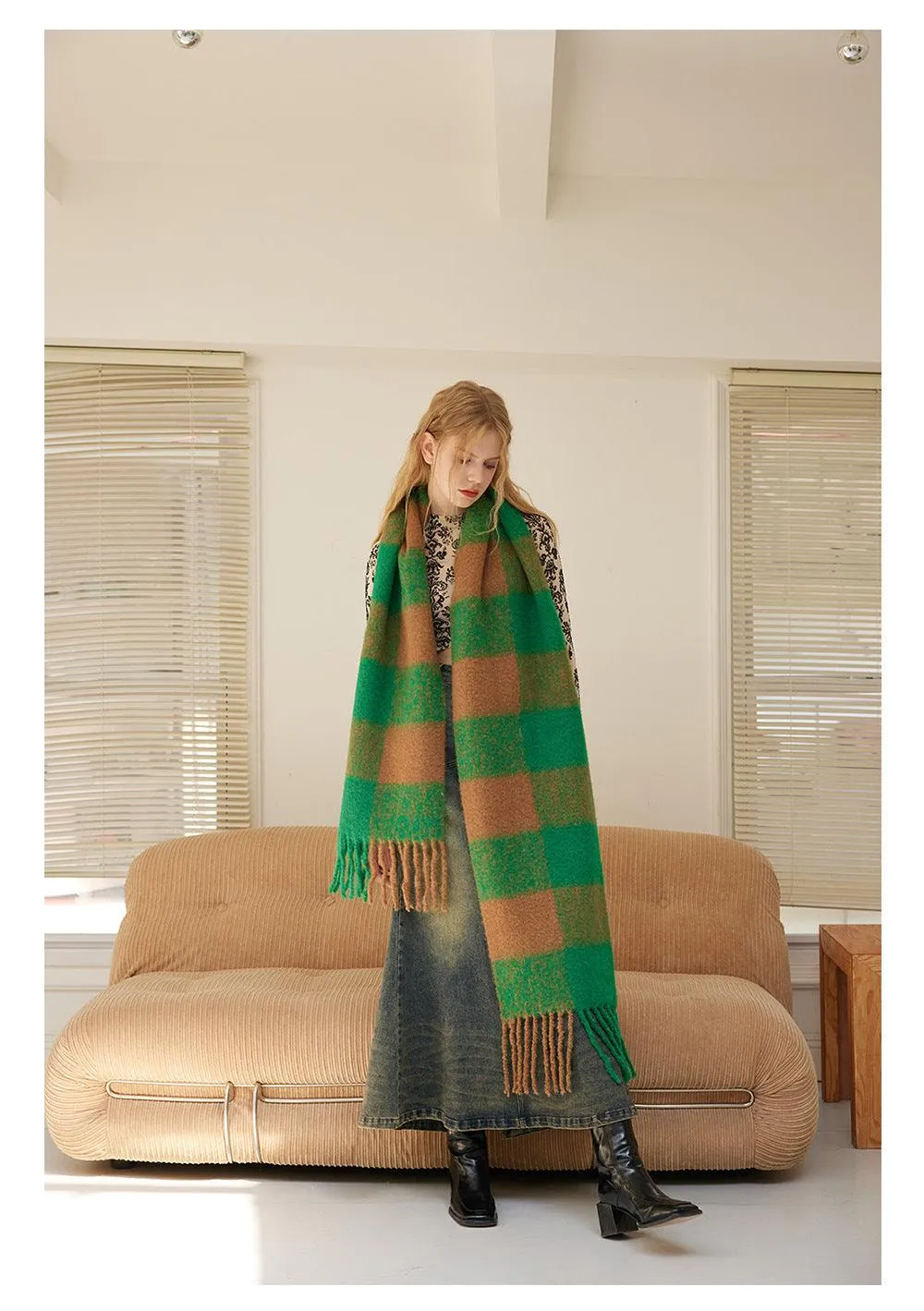 Vintage AC Plaids Tassel Wool Blend Soft Scarf YW041