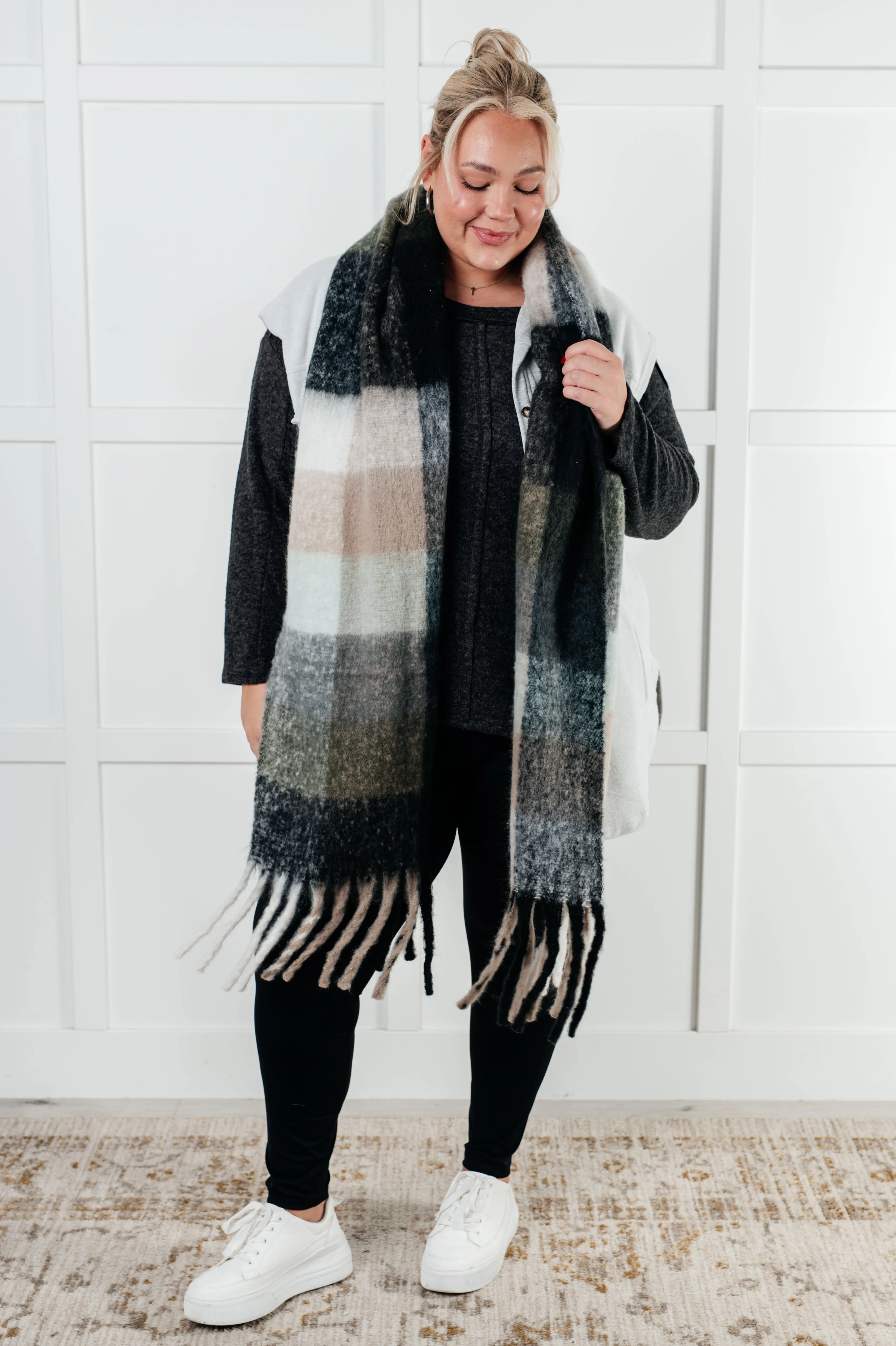 Wanderlust Wrap Oversized Plaid Fringe Scarf • Grey and Jade