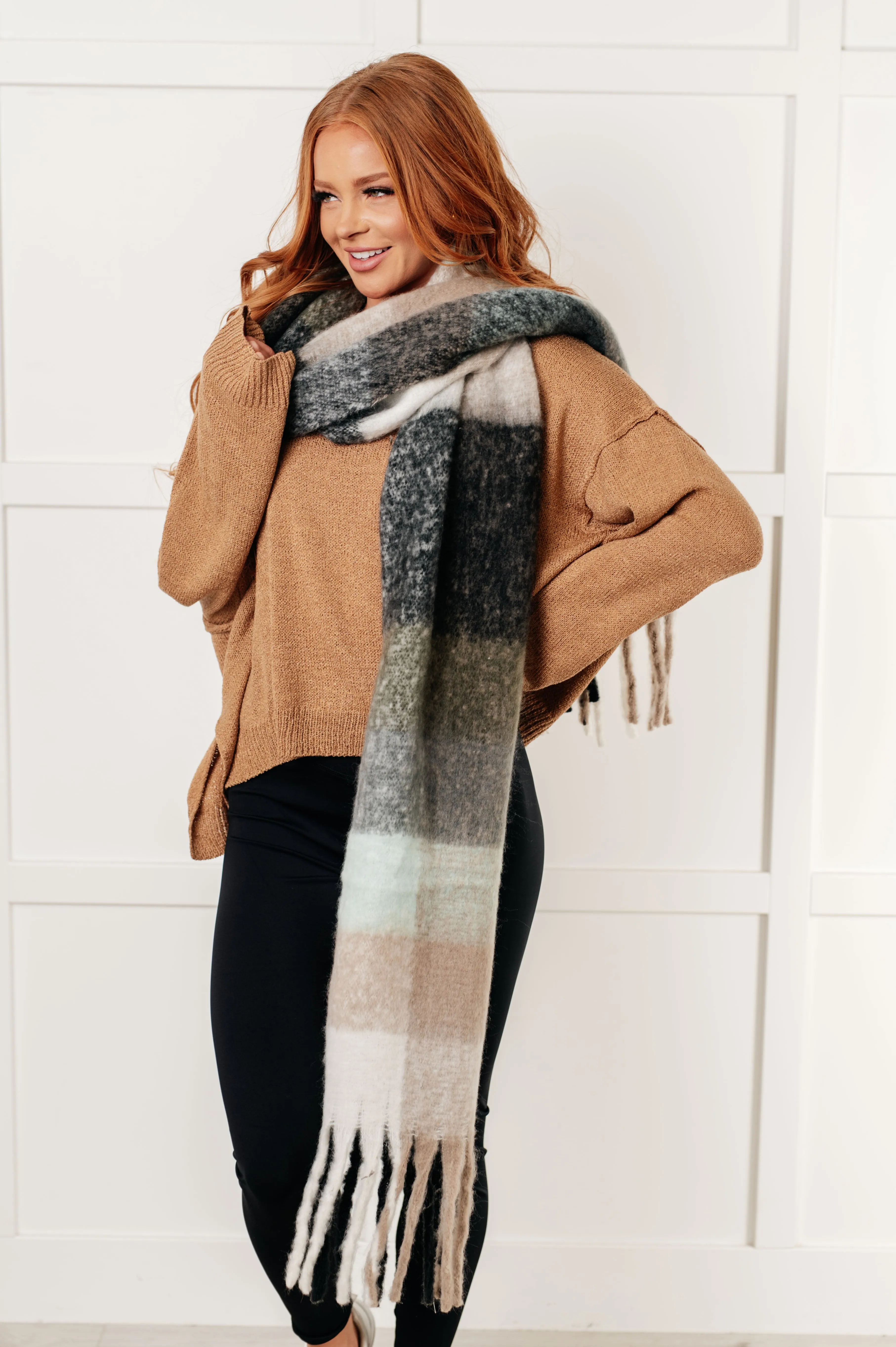 Wanderlust Wrap Oversized Plaid Fringe Scarf • Grey and Jade