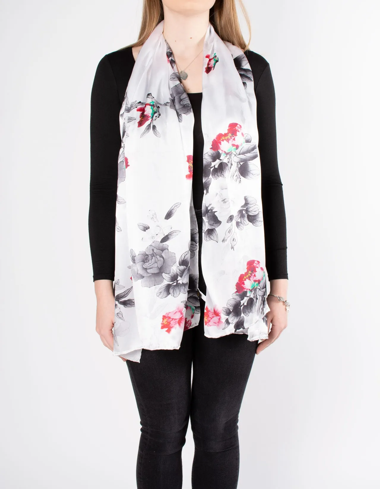 White Floral Slim Silk Scarf