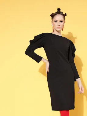 Women Black Canton Puff Sleeves Mini Bodycon Dress