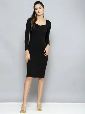 Women Charcoal Rib Sweetheart Neck BodyCon Midi Dress