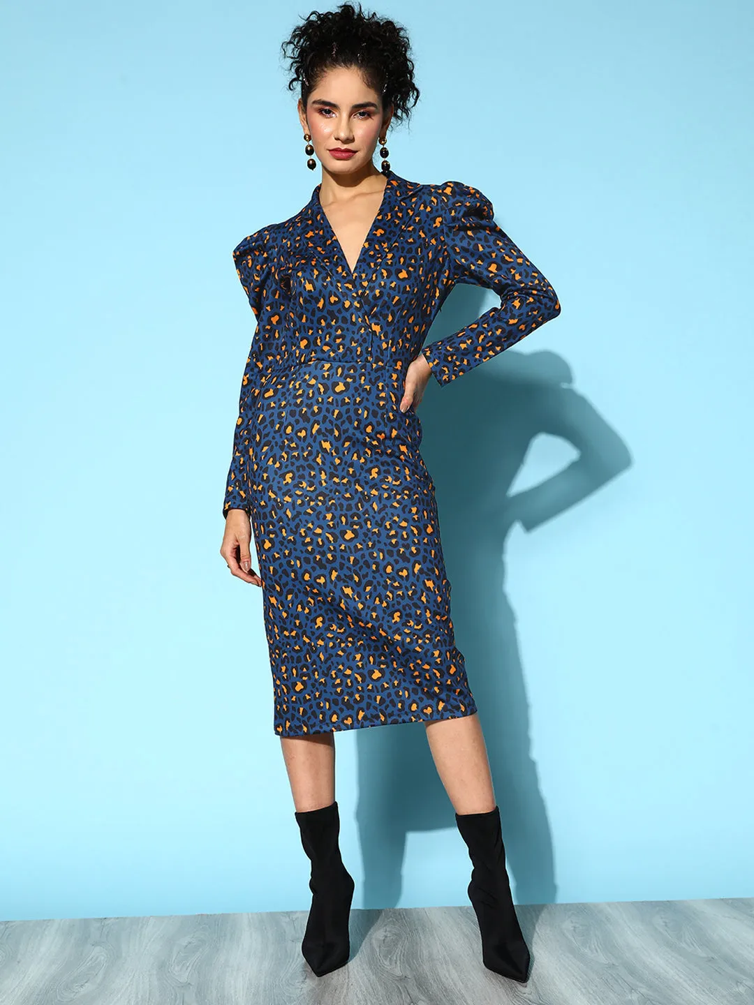 Women Navy Cheetah Scuba Wrap Bodycon Midi Dress