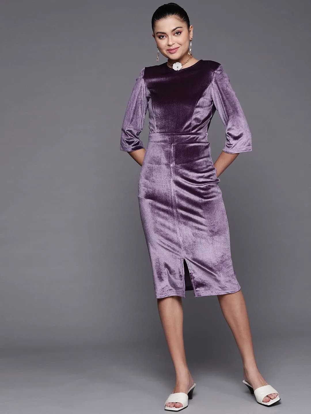 Women Purple Velvet Front Slit Bodycon Midi Dress