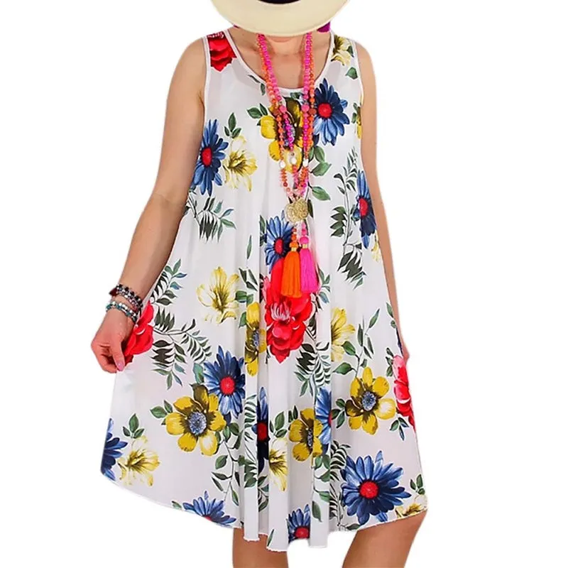 Womens Casual Loose Floral Print Sleeveless Boho Dress