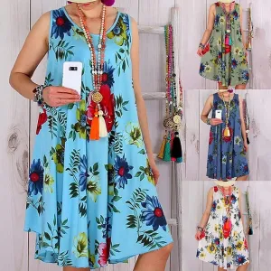 Womens Casual Loose Floral Print Sleeveless Boho Dress