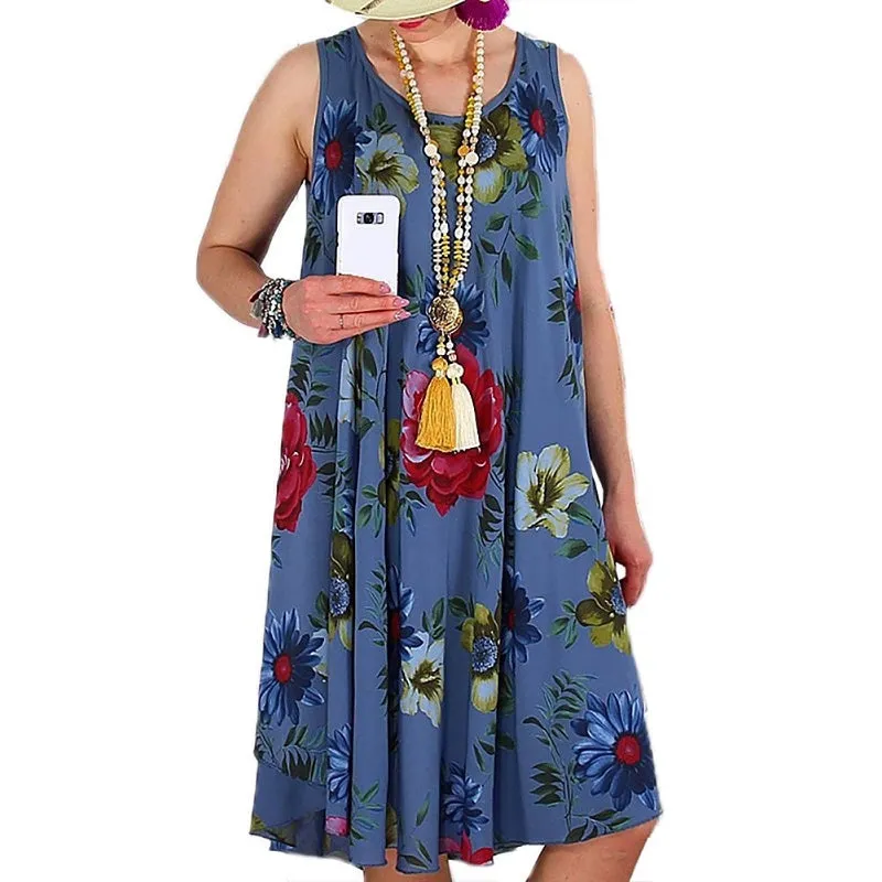 Womens Casual Loose Floral Print Sleeveless Boho Dress