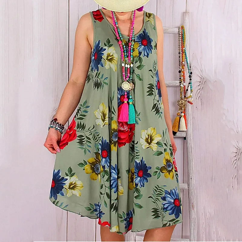 Womens Casual Loose Floral Print Sleeveless Boho Dress