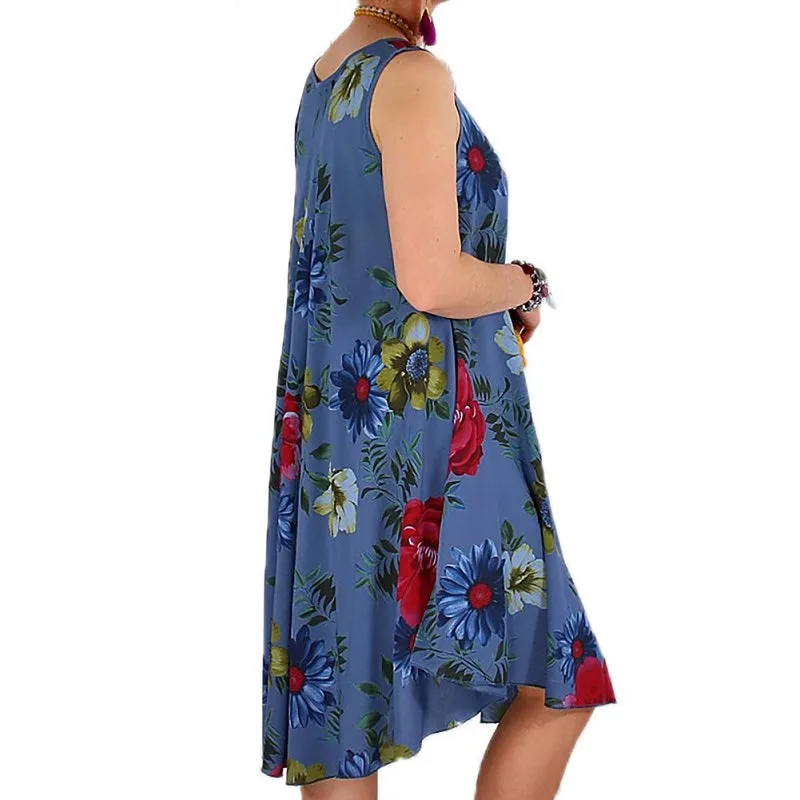 Womens Casual Loose Floral Print Sleeveless Boho Dress