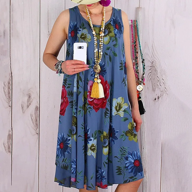 Womens Casual Loose Floral Print Sleeveless Boho Dress