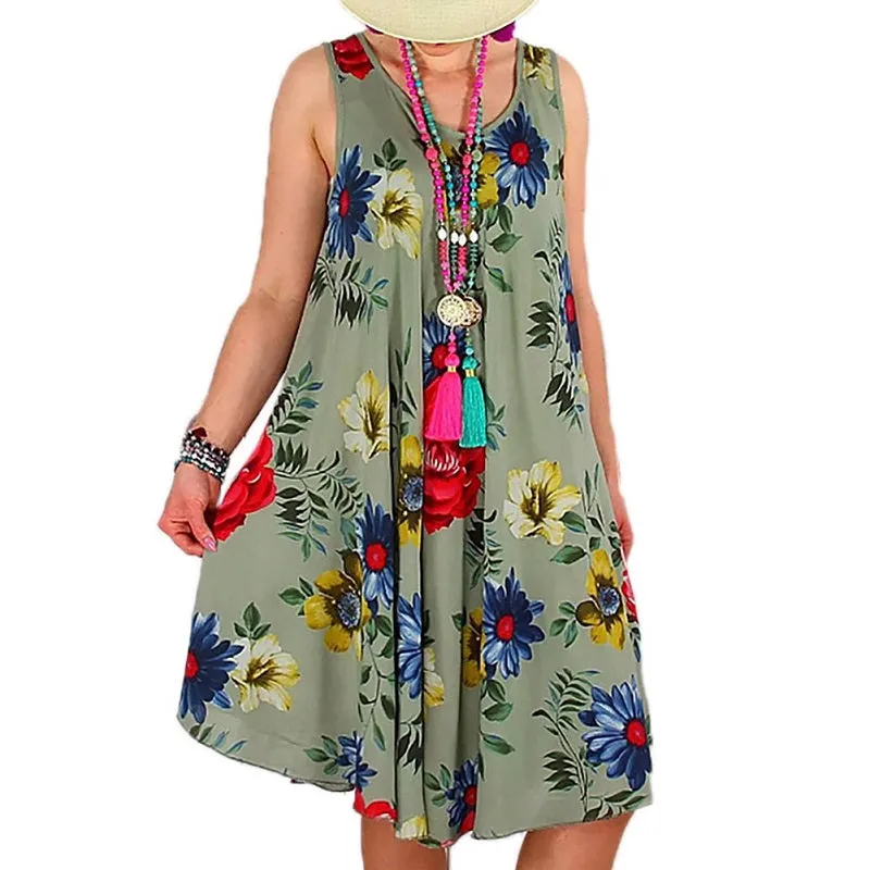 Womens Casual Loose Floral Print Sleeveless Boho Dress