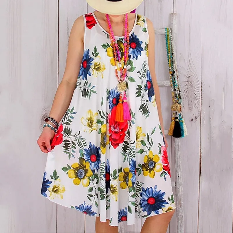 Womens Casual Loose Floral Print Sleeveless Boho Dress