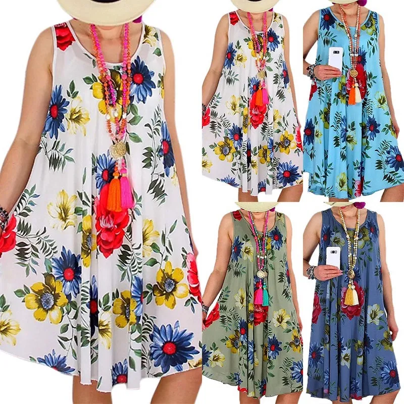 Womens Casual Loose Floral Print Sleeveless Boho Dress