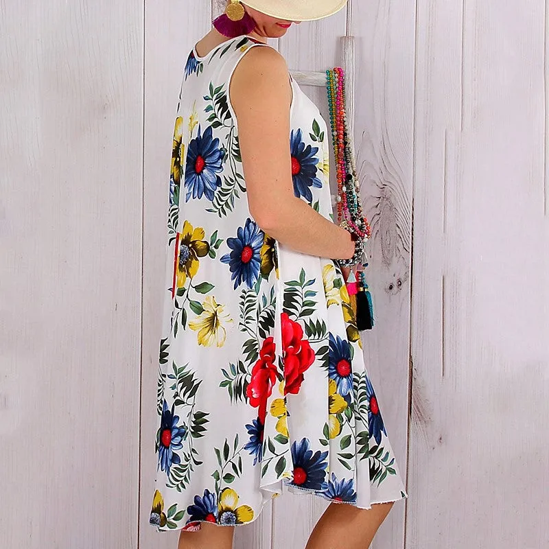 Womens Casual Loose Floral Print Sleeveless Boho Dress