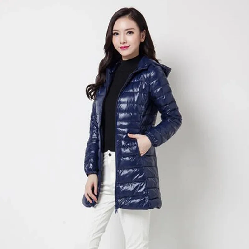 Women's Long Duck Down Parka Jackets Outwear Ultralight Hooded Thin Coat